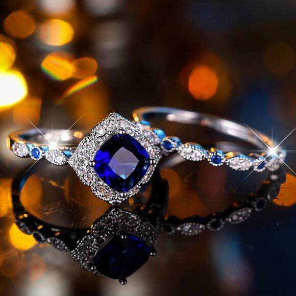 14k White Gold Blue Sapphire Diamond Ring Cushion Cut - Picture 2 of 4